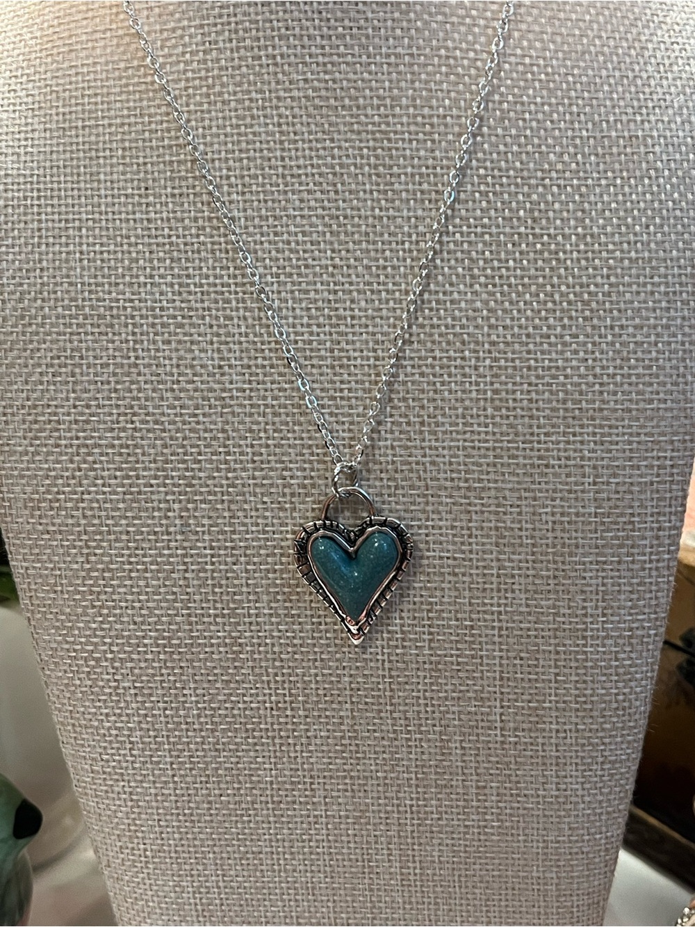Silver Heart Pendant Necklace with Teal Enamel Accent
